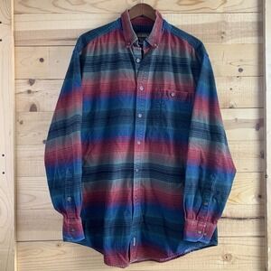 MENS‎ L striped cotton button collar HEAVY FLANNEL SHIRT Western *flaws*